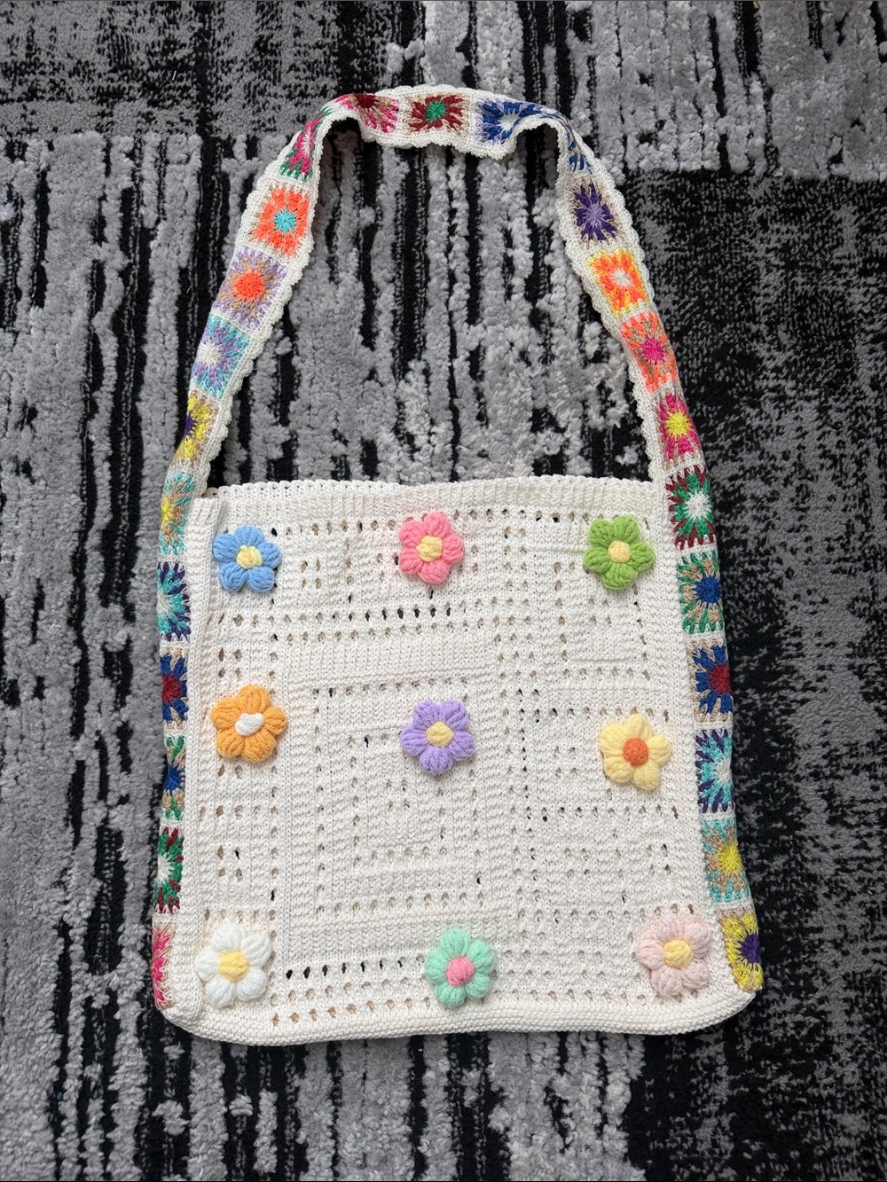 Handmade Crochet White Floral Tote Bag